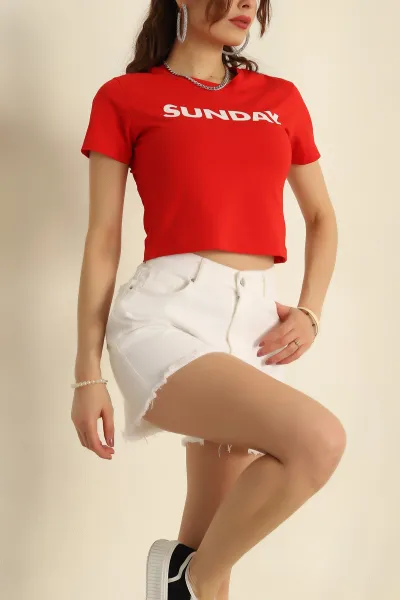Kırmızı Baskılı Süprem Crop Tişört 274724