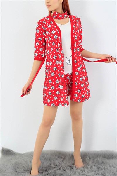 Kırmızı Baskılı Üçlü Sabahlık Pijama Takımı 27397B
