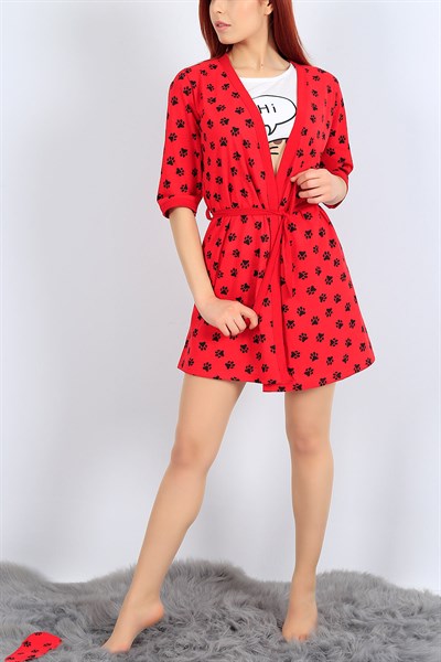 Kırmızı Baskılı Üçlü Sabahlık Pijama Takımı 26934B
