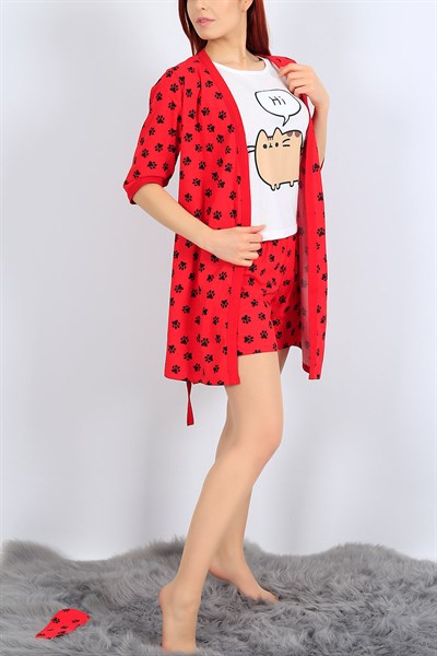 Kırmızı Baskılı Üçlü Sabahlık Pijama Takımı 26934B