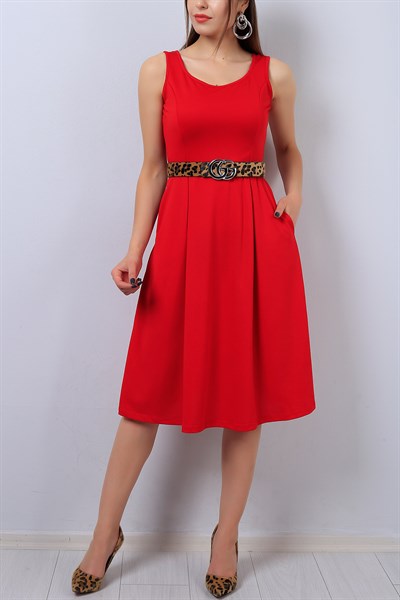 Kırmızı Bayan Cepli Elbise 14299B