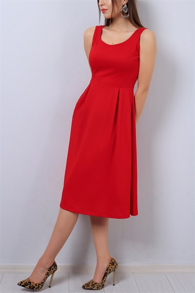 Kırmızı Bayan Cepli Elbise 14299B