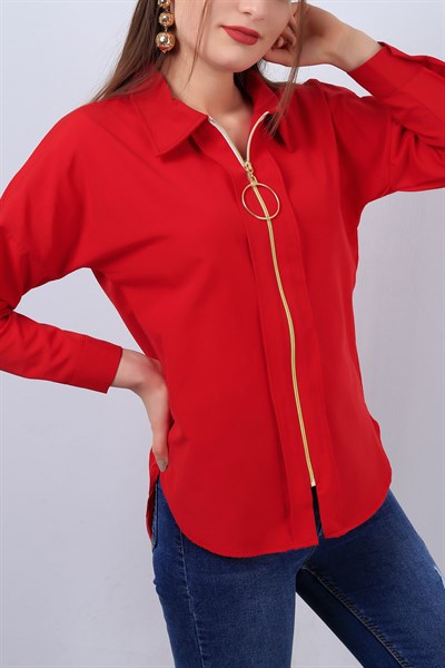 Kırmızı Bayan Fermuarlı Gömlek 12986B