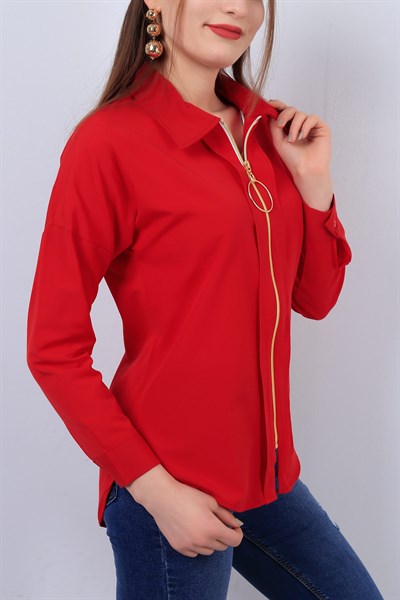 Kırmızı Bayan Fermuarlı Gömlek 12986B