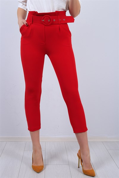 Kırmızı Bayan Kemerli Kumaş Pantolon 11832B