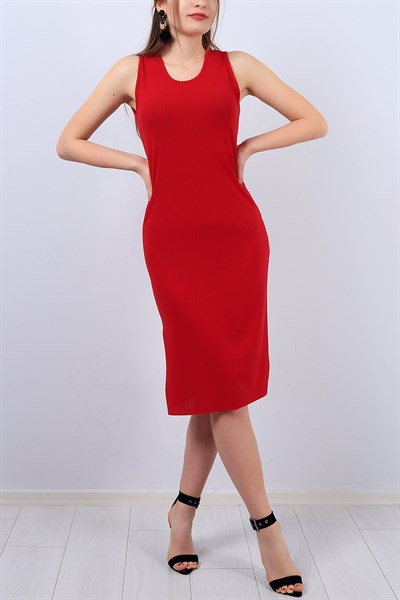 Kırmızı Bayan Kolsuz Elbise 13156B