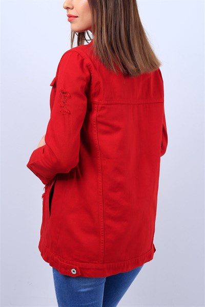 Kırmızı Bayan Yırtık Kot Ceket 11501B