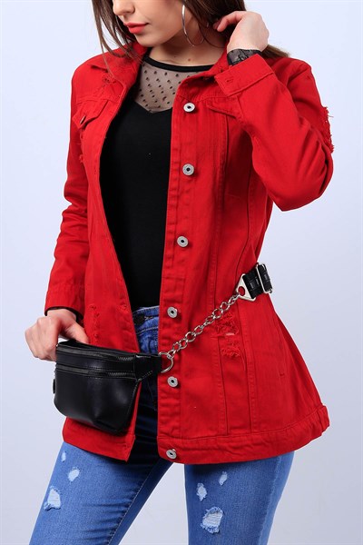 Kırmızı Bayan Yırtık Kot Ceket 17364B