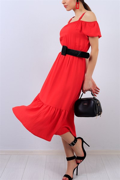Kırmızı Bel Lastikli Askılı Bayan Elbise 14593B