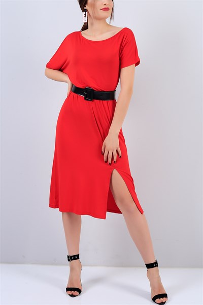Kırmızı Bel Lastikli Bayan Elbise 15421B