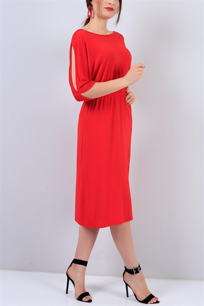 Kırmızı Bel Lastikli Bayan Elbise 15421B