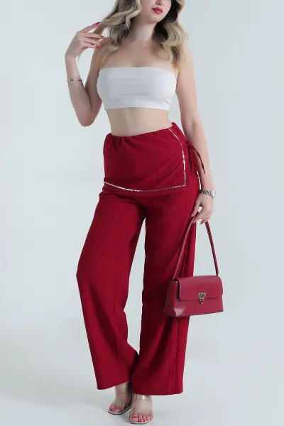 Kırmızı Bel Pullu Dokuma Tarak Kadın Pantolon 477279