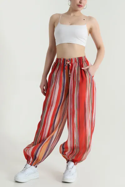 Kırmızı Bel ve Paça Lastikli Astarlı Şifon Kadın Pantolon 473467