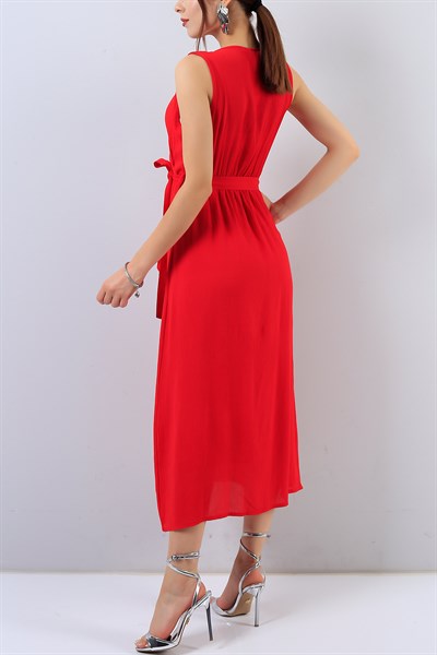 Kırmızı Belden Bağlamalı Bayan Elbise 15531B