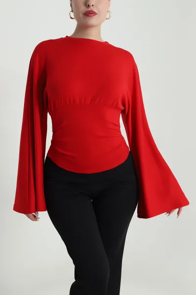 Kırmızı Belden Oturtmalı Modal Kadın Bluz 491646