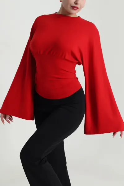 Kırmızı Belden Oturtmalı Modal Kadın Bluz 491646