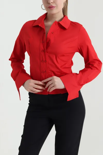 Kırmızı Belden Oturtmalı Poplin Kadın Gömlek 445067