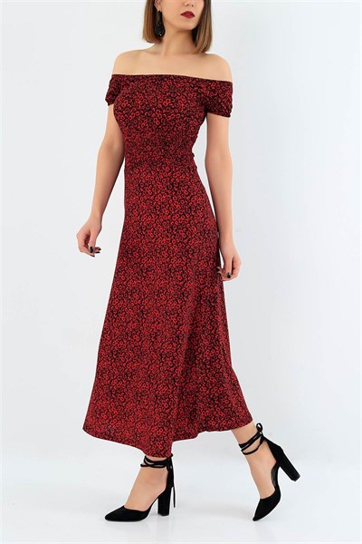 Kırmızı Beli Gipeli Madonna Yaka Elbise 32981
