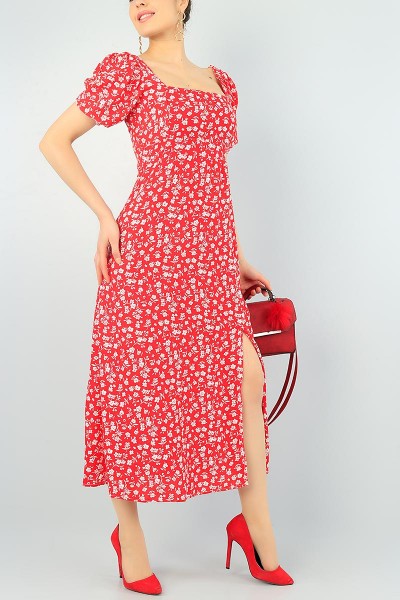 Kırmızı Beli Gipeli Yırtmaçlı Dokuma Elbise 65070