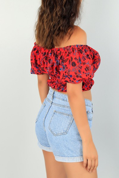 Kırmızı Beli Lastikli Gofre Kumaş Bluz 73398
