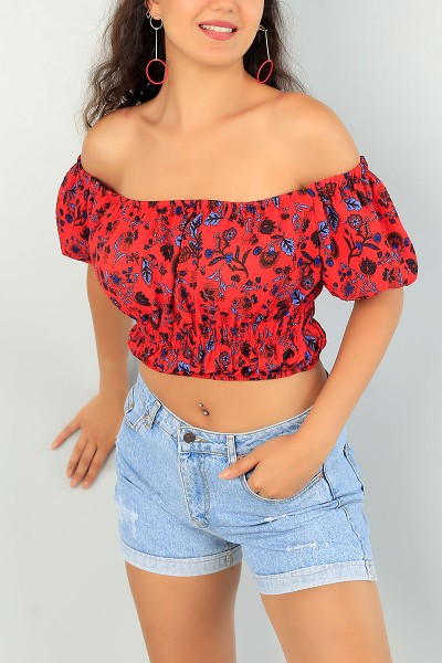 Kırmızı Beli Lastikli Gofre Kumaş Bluz 73398