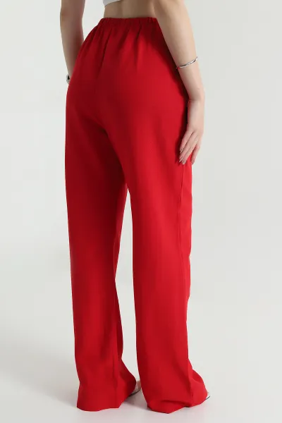 Kırmızı Beli Lastikli Palazzo Kadın Keten Pantolon 478617