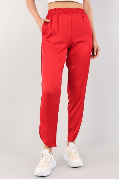 Kırmızı Beli Lastikli Saten Pantolon 109584