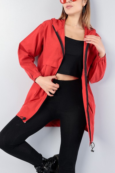 Kırmızı Beli Sıkmalı Bayan İnce Mevsimlik Mont 75131
