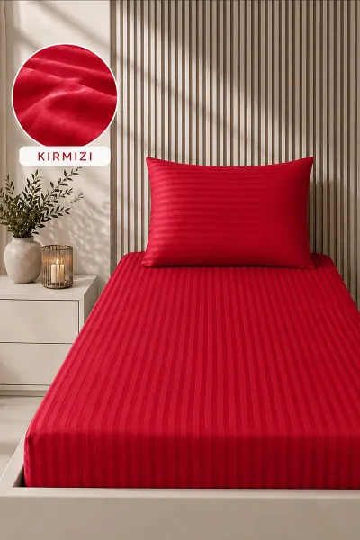 Kırmızı Bella Home 100x200 Cm Tek Kişilik Çizgili Saten Çarşaf Seti 482995