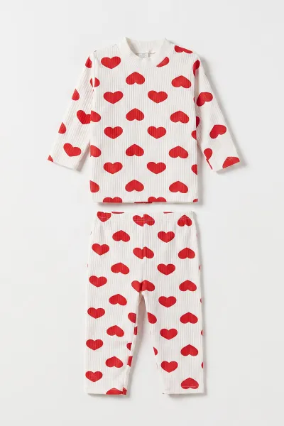 Kırmızı Beyaz   (1-3 Yaş) Kalp Desenli  Raporlu Kız Çocuk Pijama Takım 477351