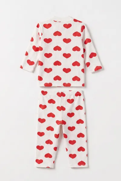 Kırmızı Beyaz   (1-3 Yaş) Kalp Desenli  Raporlu Kız Çocuk Pijama Takım 477351
