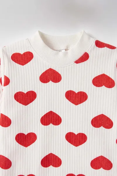 Kırmızı Beyaz   (1-3 Yaş) Kalp Desenli  Raporlu Kız Çocuk Pijama Takım 477351