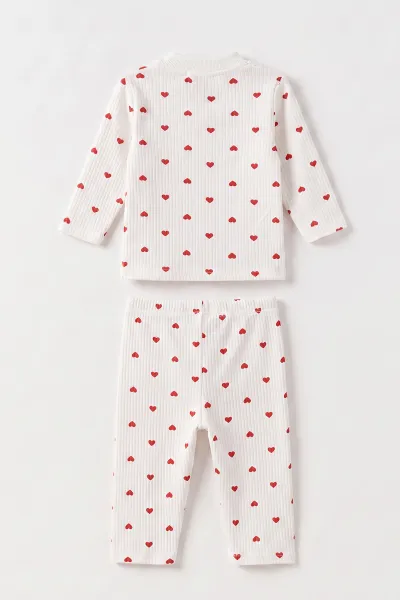 Kırmızı Beyaz   (1-3 Yaş) Küçük Kalp Desenli  Raporlu Kız Çocuk Pijama Takım 477355