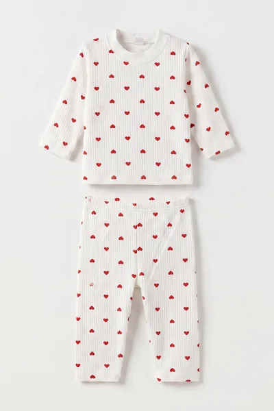 Kırmızı Beyaz   (1-3 Yaş) Küçük Kalp Desenli  Raporlu Kız Çocuk Pijama Takım 477355