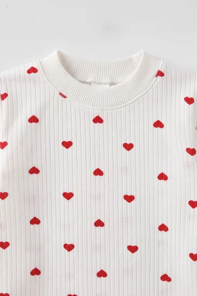 Kırmızı Beyaz   (1-3 Yaş) Küçük Kalp Desenli  Raporlu Kız Çocuk Pijama Takım 477355