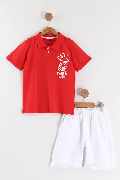 Kırmızı Beyaz (4-14 Yaş)Ön Arka Surf Baskılı Yakalı Duble Paça Gabardin Şortlu Erkek Çocuk Takım 459836
