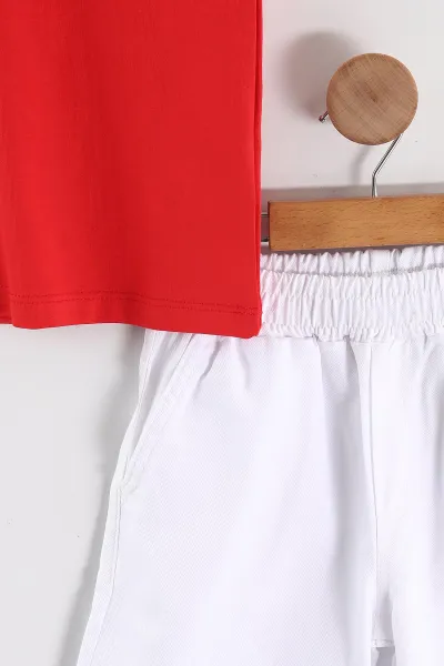 Kırmızı Beyaz (4-14 Yaş)Ön Arka Surf Baskılı Yakalı Duble Paça Gabardin Şortlu Erkek Çocuk Takım 459836