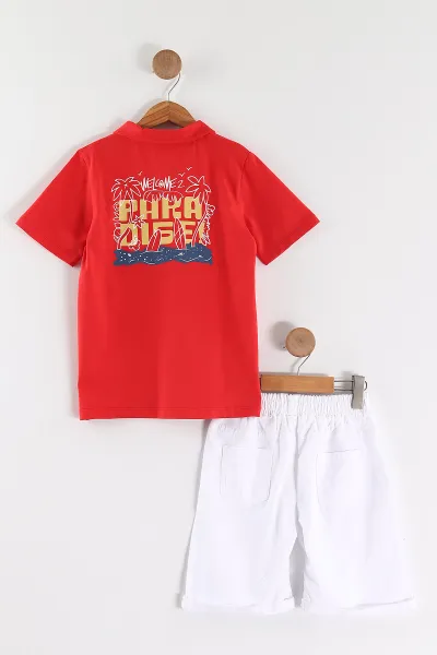 Kırmızı Beyaz (4-14 Yaş)Ön Arka Surf Baskılı Yakalı Duble Paça Gabardin Şortlu Erkek Çocuk Takım 459836