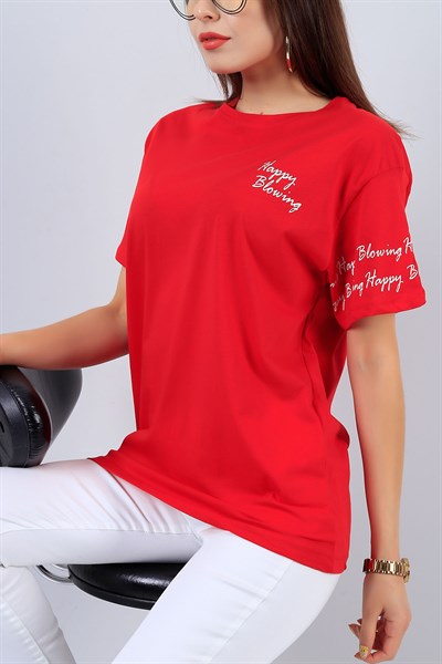 Kırmızı Beyaz Baskılı Bayan Tişört 15461B