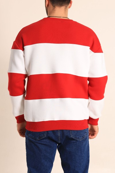 Kırmızı Beyaz Oversize Üç İp Şardonlu Kabartma Yazılı Erkek Sweatshirt 222554