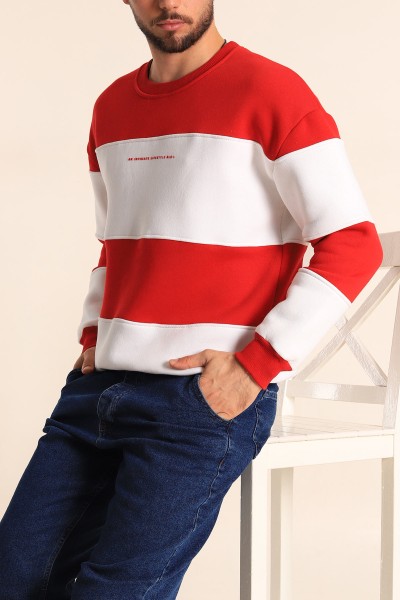 Kırmızı Beyaz Oversize Üç İp Şardonlu Kabartma Yazılı Erkek Sweatshirt 222554