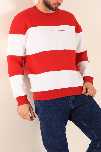 Kırmızı Beyaz Oversize Üç İp Şardonlu Kabartma Yazılı Erkek Sweatshirt 222554