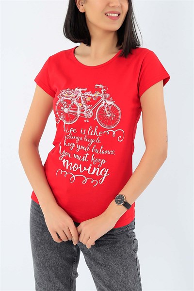 Kırmızı Bisiklet Baskılı Bayan Tişört 27541B