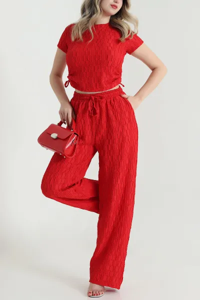 Kırmızı Bluz Pantolon Gofre Kadın İkili Takım 473635