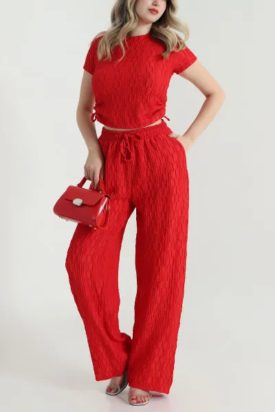 Kırmızı Bluz Pantolon Gofre Kadın İkili Takım 473635