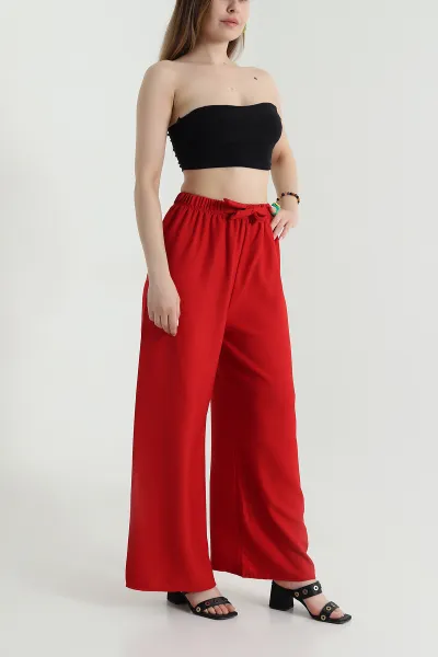 Kırmızı Bol Paça Keten Kadın Pantolon 471556