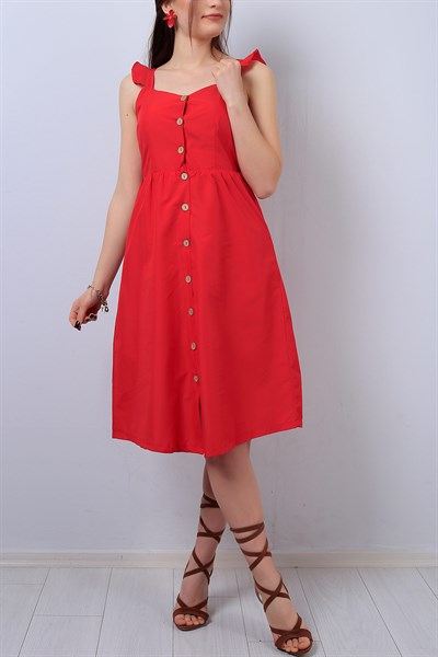 Kırmızı Boydan Düğmeli Bayan Elbise 14011B