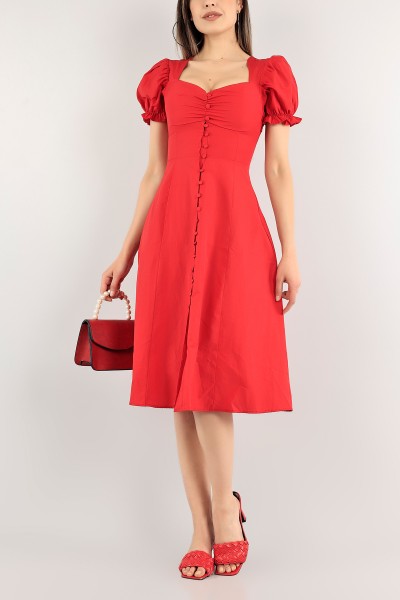 Kırmızı Boydan Düğmeli Büzgülü Poplin Elbise 113598