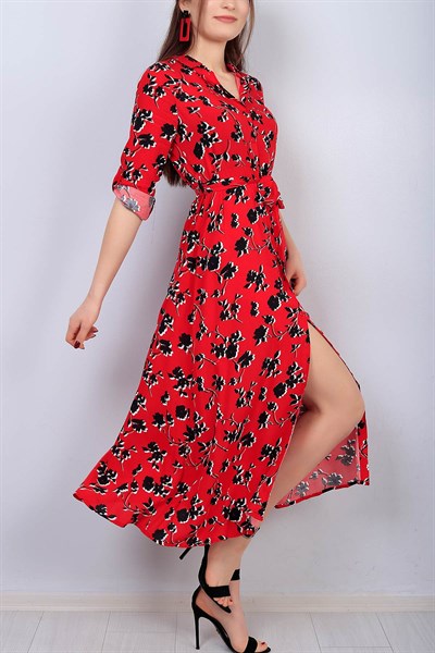 Kırmızı Boydan Düğmeli Desenli Bayan Elbise 14583B