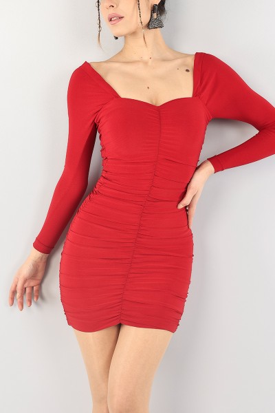 Kırmızı Büzgü Tasarım Astarlı Elbise 90612